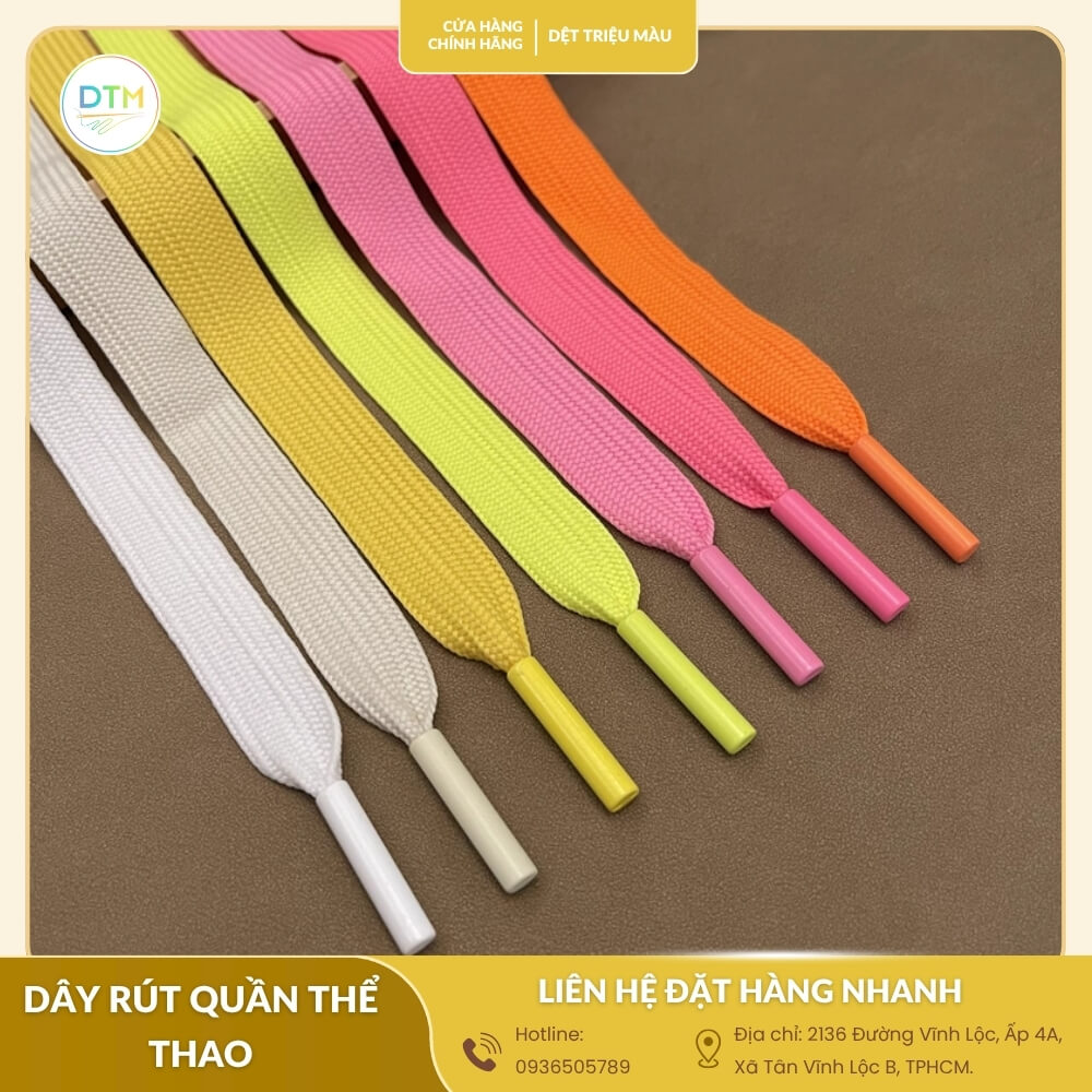 Dây rút quần thể thao bản dẹp nhiều màu sắc nổi bật, chất liệu bền đẹp, phù hợp may quần jogger, quần short thể thao.