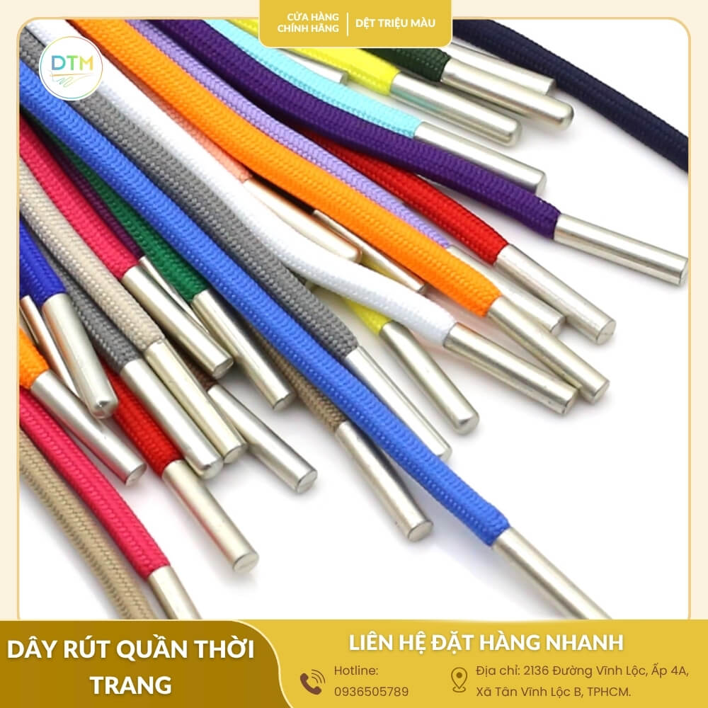 Bộ dây rút quần thời trang đa dạng màu sắc, chất liệu polyester cao cấp, đầu kim loại sáng bóng, chống gỉ.