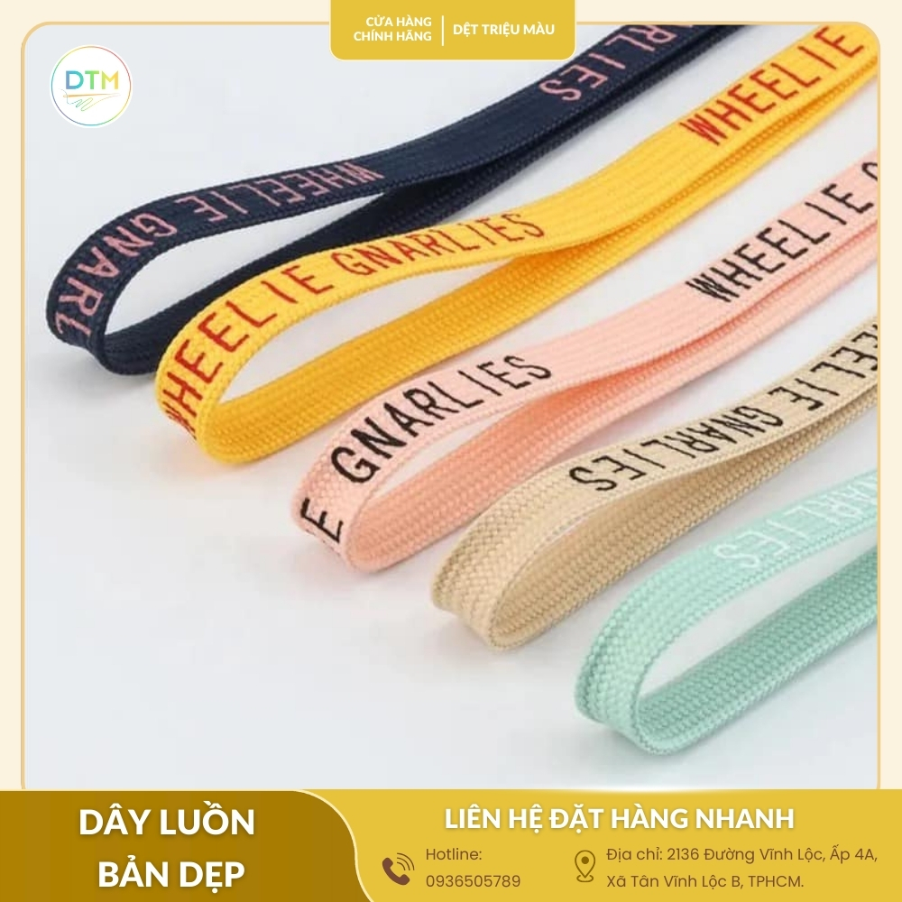 Dây luồn bản dẹp in chữ thương hiệu, phù hợp cho hoodie, jogger, quần áo thời trang.