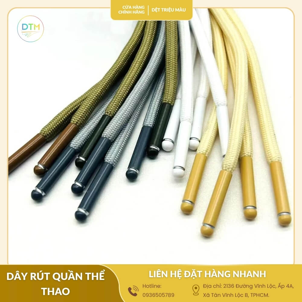 Dây rút quần thể thao đầu bịt kim loại sang trọng, nhiều màu sắc, phù hợp cho quần jogger và quần bộ thể thao cao cấp.