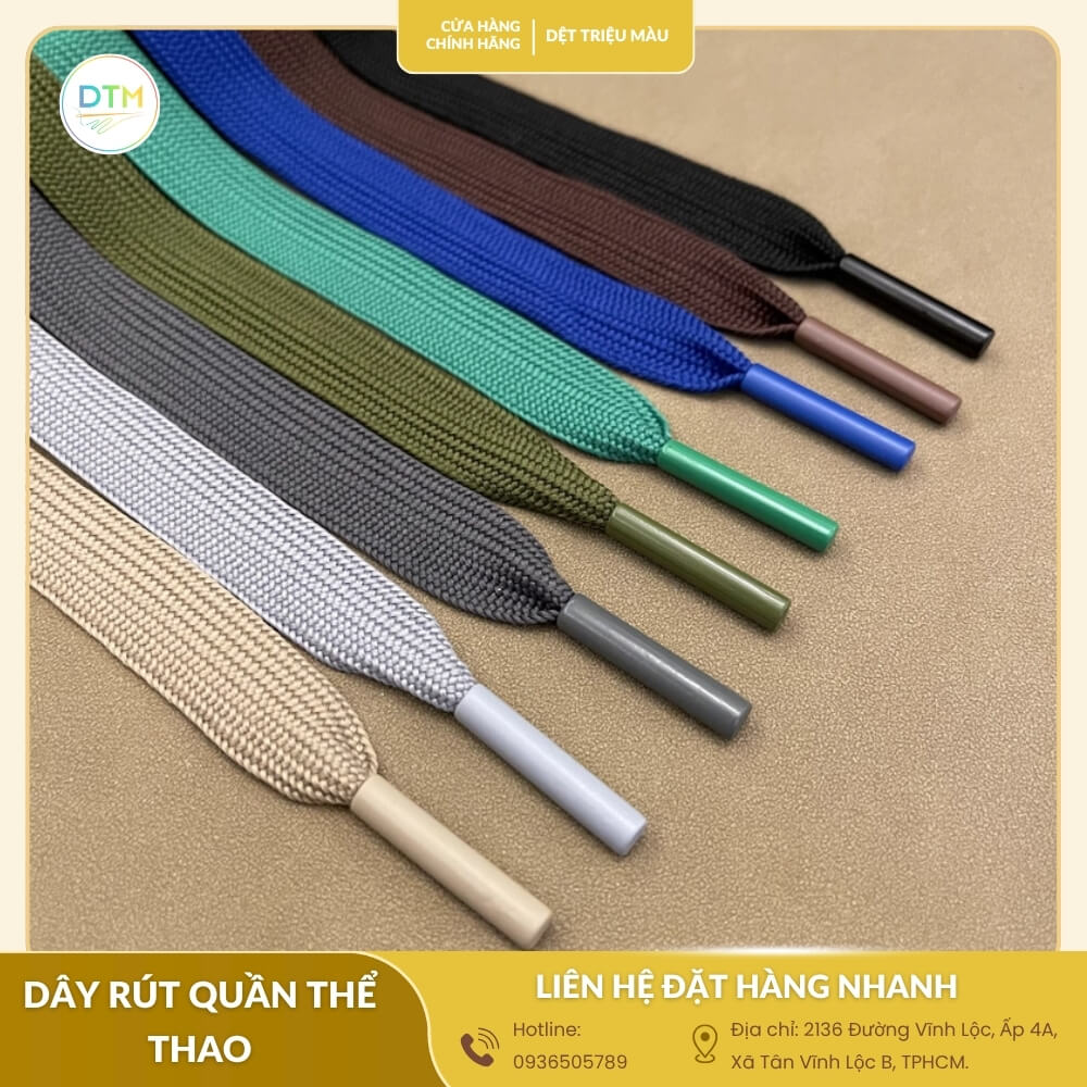 Dây rút quần thể thao bản dẹp cao cấp, nhiều màu sắc, bền chắc, phù hợp sản xuất quần thể thao và thời trang đường phố.