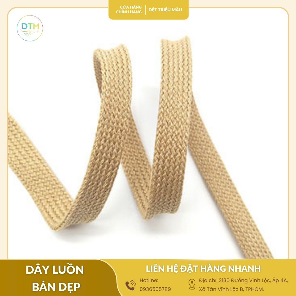 Dây luồn bản dẹp cotton màu nâu tự nhiên, mềm mại, thân thiện với da.