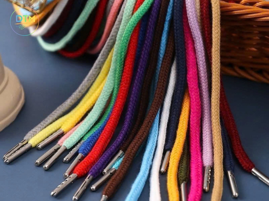 Dây luồn đầu sắt nhiều màu sắc sặc sỡ, dạng bản dẹt, đầu sắt tròn mạ sáng – dễ phối cho quần thể thao, túi vải hoặc áo khoác.